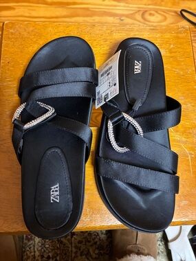 Zara Black Satin Slide Sandals with Crystal-Embellished Buckle
